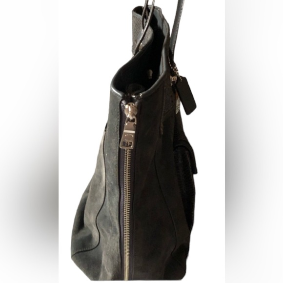 COACH Grey Large Carryall Suede Leather Tote Large Expandable Zipper Snakeskin - Picture 11 of 15